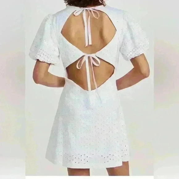 Free People Apricot Rose Eyelet Puff Sleeve Mini Dress Size Medium - Picture 2 of 12